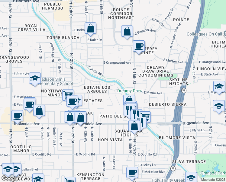 map of restaurants, bars, coffee shops, grocery stores, and more near 7145 North 15th Street in Phoenix