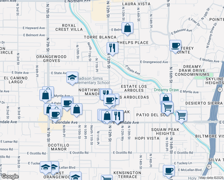 map of restaurants, bars, coffee shops, grocery stores, and more near 1202 East Palmaire Avenue in Phoenix