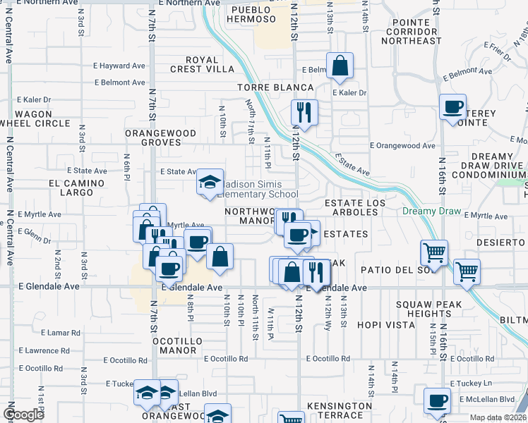 map of restaurants, bars, coffee shops, grocery stores, and more near in Phoenix