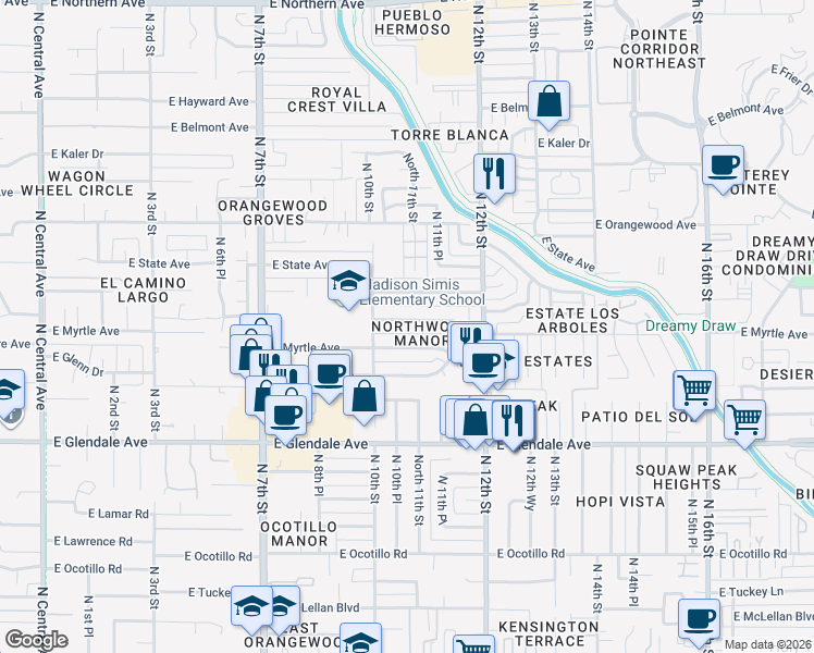map of restaurants, bars, coffee shops, grocery stores, and more near 1035-1041 East Myrtle Avenue in Phoenix
