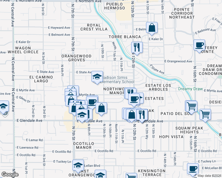 map of restaurants, bars, coffee shops, grocery stores, and more near in Phoenix