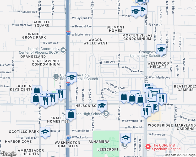map of restaurants, bars, coffee shops, grocery stores, and more near 7126 North 22nd Drive in Phoenix