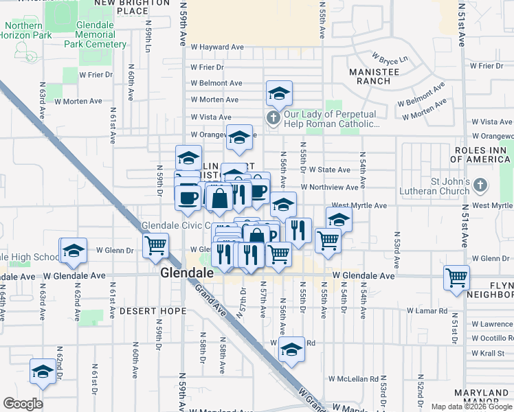 map of restaurants, bars, coffee shops, grocery stores, and more near 7145 North 57th Drive in Glendale