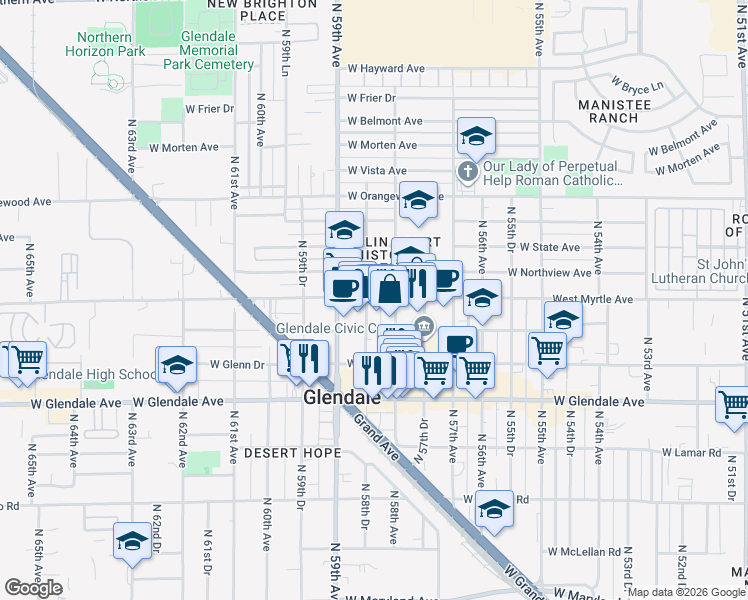 map of restaurants, bars, coffee shops, grocery stores, and more near 7142 North 58th Drive in Glendale