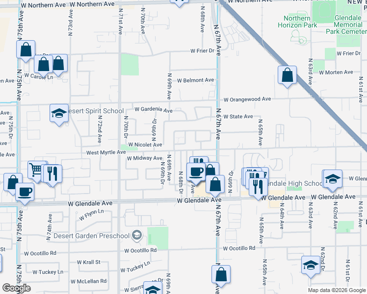 map of restaurants, bars, coffee shops, grocery stores, and more near 7149 North 68th Drive in Glendale