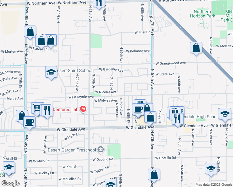 map of restaurants, bars, coffee shops, grocery stores, and more near 6954 West Midway Avenue in Glendale