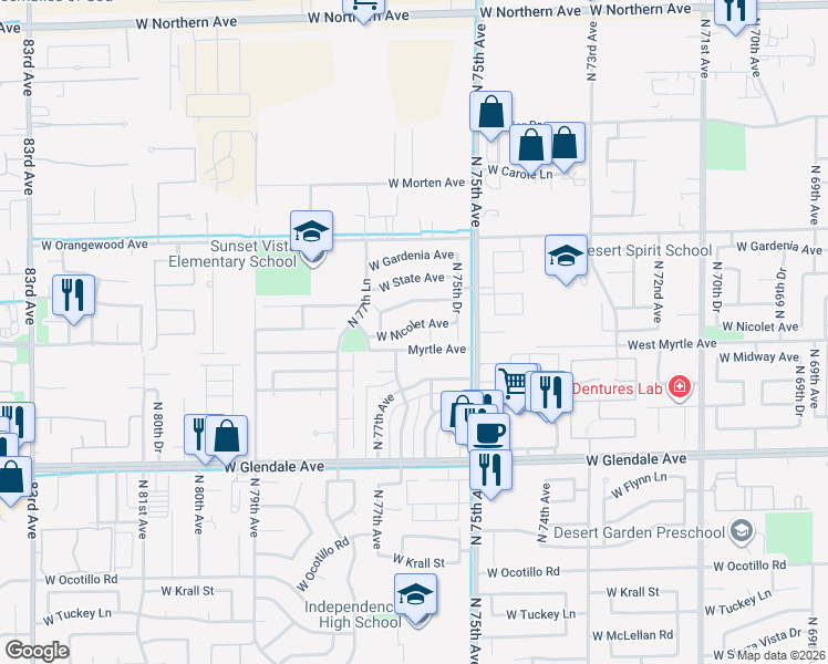 map of restaurants, bars, coffee shops, grocery stores, and more near 7208 North 76th Avenue in Glendale