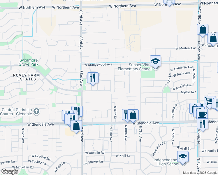 map of restaurants, bars, coffee shops, grocery stores, and more near 8109 West Nicolet Avenue in Glendale