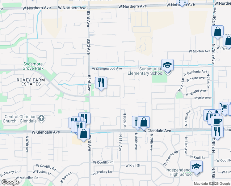 map of restaurants, bars, coffee shops, grocery stores, and more near 8153 West Nicolet Avenue in Glendale
