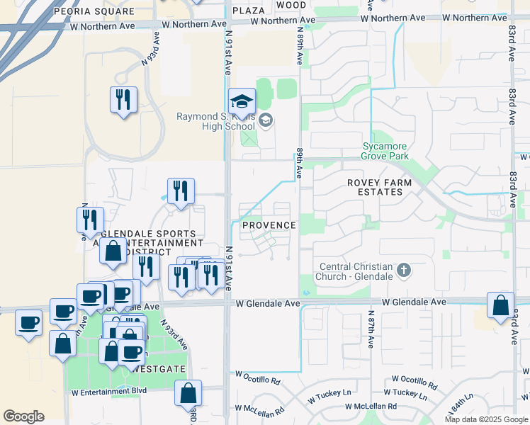 map of restaurants, bars, coffee shops, grocery stores, and more near 8988 West Nicolet Avenue in Glendale