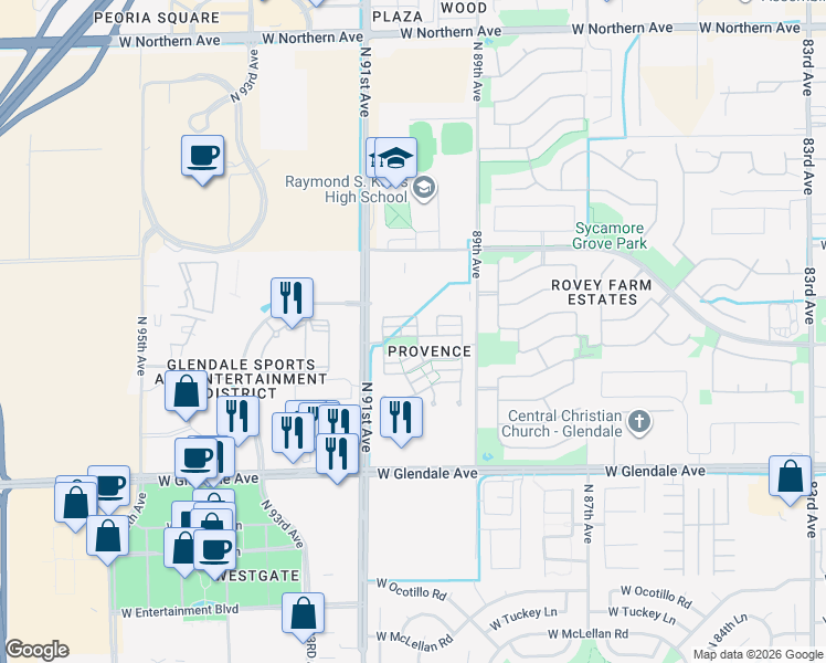 map of restaurants, bars, coffee shops, grocery stores, and more near 8988 West Nicolet Avenue in Glendale