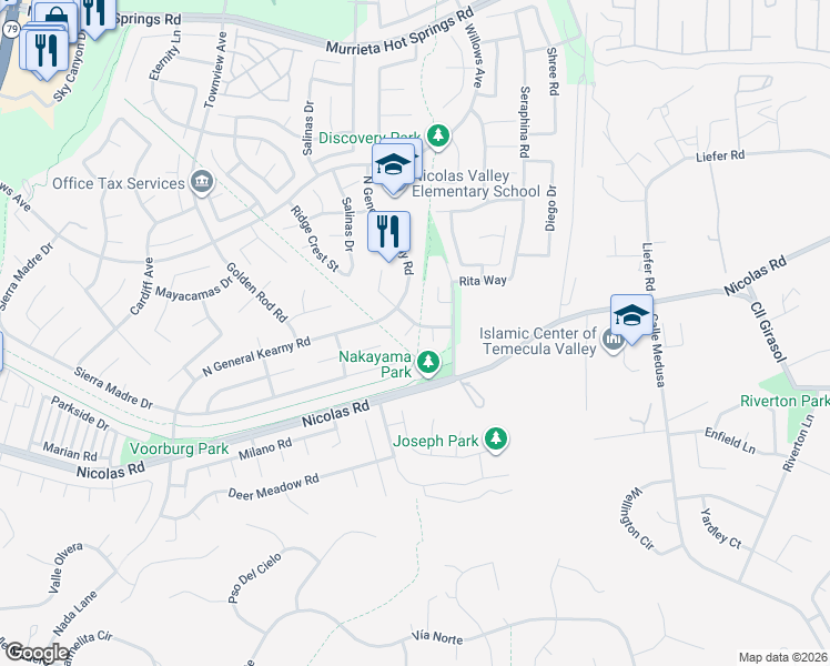 map of restaurants, bars, coffee shops, grocery stores, and more near 39897 South Creek Circle in Murrieta