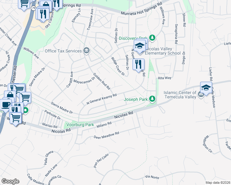 map of restaurants, bars, coffee shops, grocery stores, and more near 39834 North General Kearny Road in Temecula