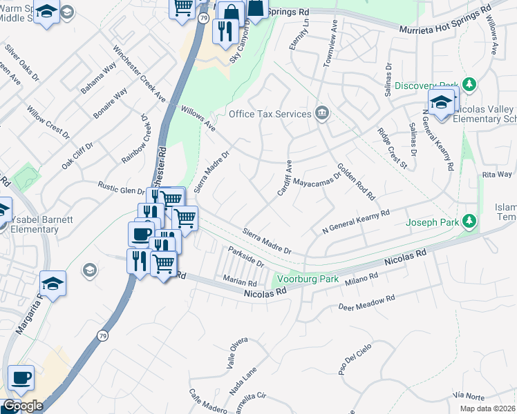 map of restaurants, bars, coffee shops, grocery stores, and more near 39253 Cayman Court in Murrieta