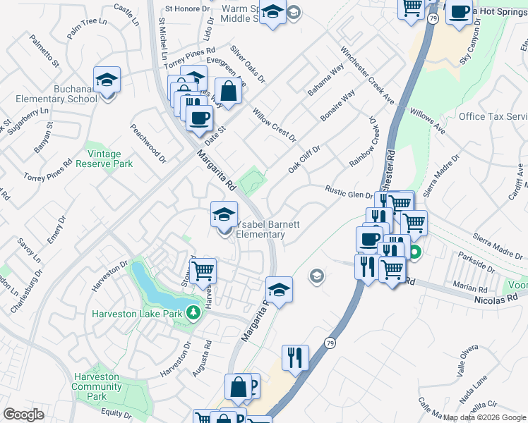 map of restaurants, bars, coffee shops, grocery stores, and more near 29279 Providence Road in Temecula