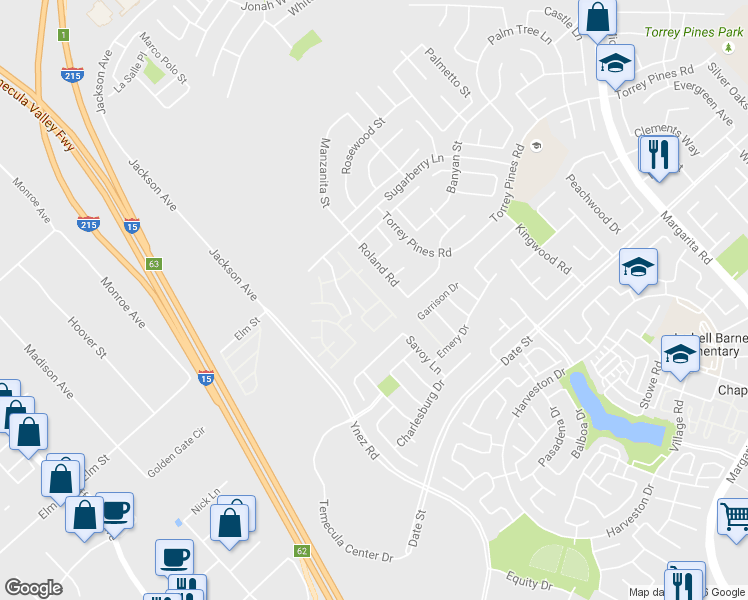 map of restaurants, bars, coffee shops, grocery stores, and more near 26466 Arboretum Way in Murrieta