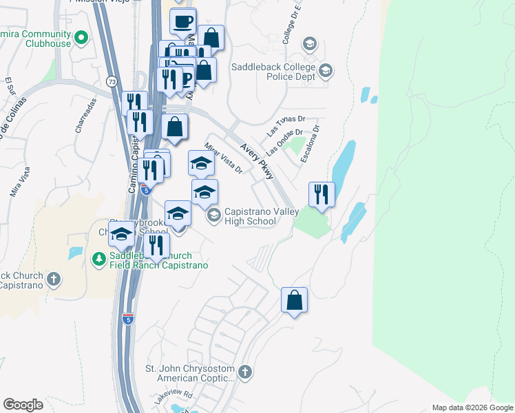 map of restaurants, bars, coffee shops, grocery stores, and more near 26582 Oso Rojo in Mission Viejo