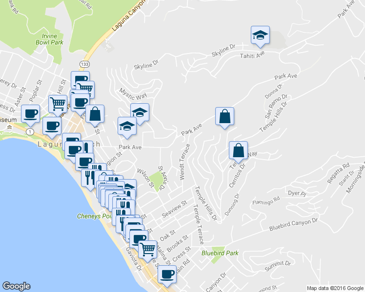 map of restaurants, bars, coffee shops, grocery stores, and more near 695 Temple Hills Drive in Laguna Beach