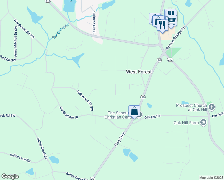 map of restaurants, bars, coffee shops, grocery stores, and more near 150 Fourwood Drive in Covington