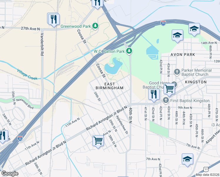 map of restaurants, bars, coffee shops, grocery stores, and more near 1123 Appalachee Street in Birmingham