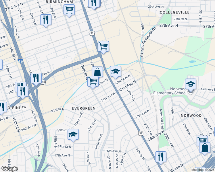 map of restaurants, bars, coffee shops, grocery stores, and more near 2508 21st Avenue North in Birmingham