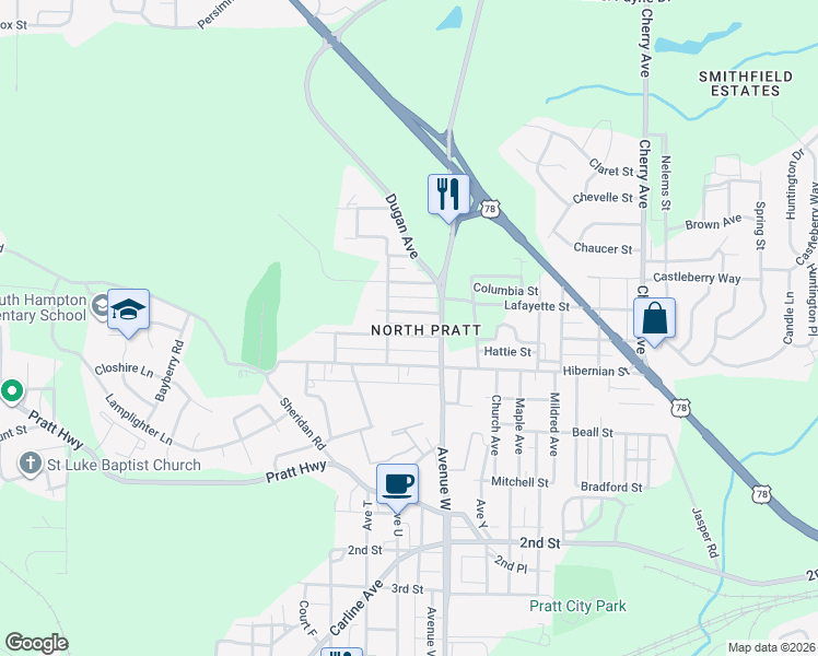 map of restaurants, bars, coffee shops, grocery stores, and more near 1029 Trilby Street in Birmingham
