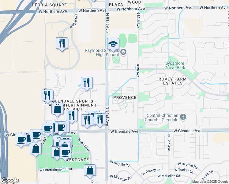 map of restaurants, bars, coffee shops, grocery stores, and more near 9033 West State Avenue in Glendale