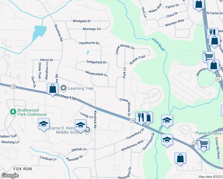 map of restaurants, bars, coffee shops, grocery stores, and more near 7811 Chase Woods Drive in Jonesboro