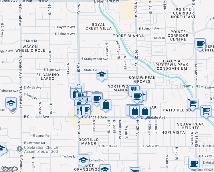 map of restaurants, bars, coffee shops, grocery stores, and more near 7302 North 10th Street in Phoenix