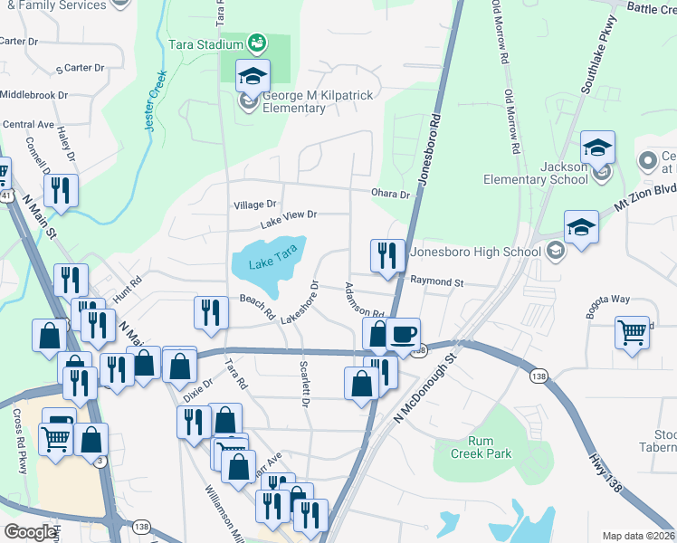 map of restaurants, bars, coffee shops, grocery stores, and more near 7779 Adamson Road in Jonesboro