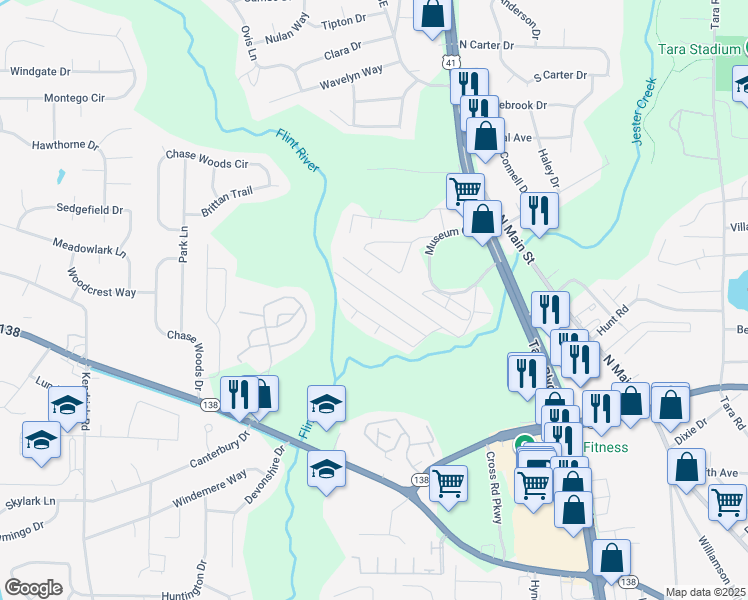 map of restaurants, bars, coffee shops, grocery stores, and more near Tara Tr in Riverdale