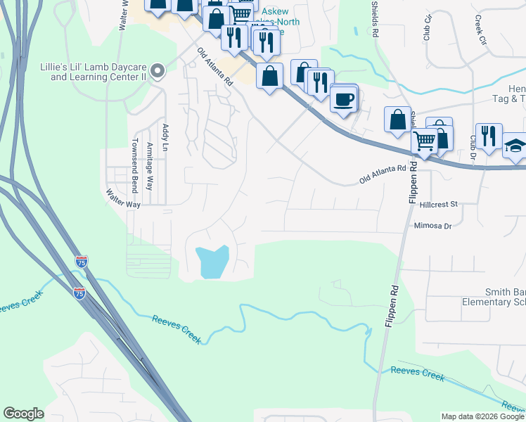 map of restaurants, bars, coffee shops, grocery stores, and more near 945 Sideline Court in Stockbridge