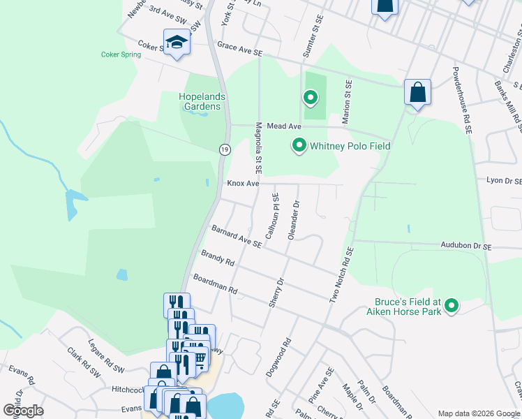 map of restaurants, bars, coffee shops, grocery stores, and more near 902 Magnolia St SE in Aiken