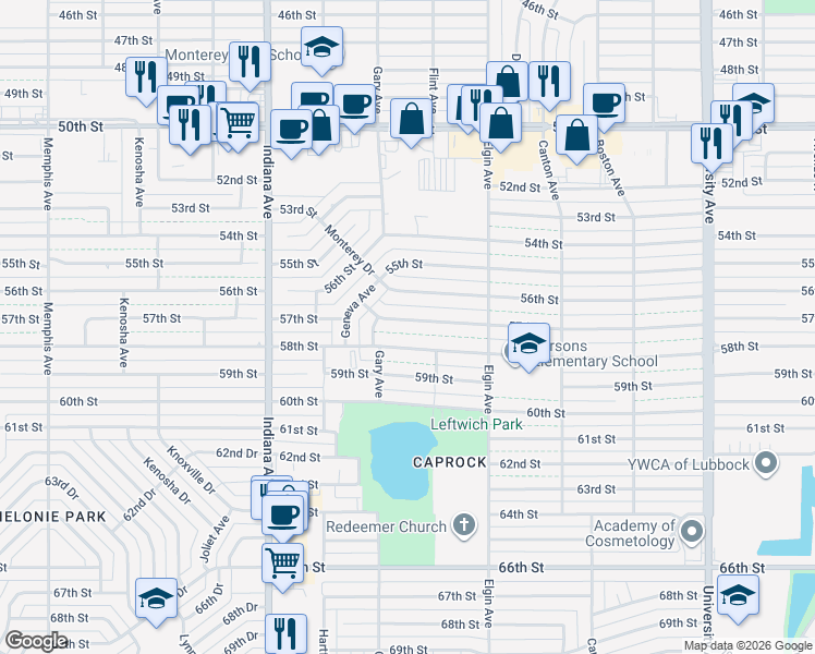 map of restaurants, bars, coffee shops, grocery stores, and more near 3027 57th Street in Lubbock