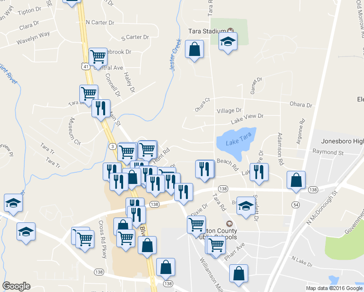 map of restaurants, bars, coffee shops, grocery stores, and more near 916 Hunt Road in Jonesboro
