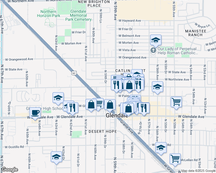map of restaurants, bars, coffee shops, grocery stores, and more near 7146 59th Drive North in Glendale