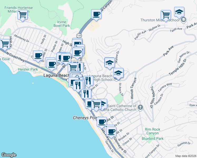 map of restaurants, bars, coffee shops, grocery stores, and more near 545 Legion Street in Laguna Beach