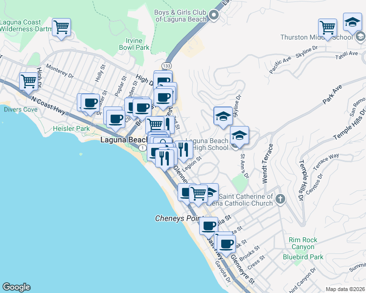 map of restaurants, bars, coffee shops, grocery stores, and more near 551 Through Street in Laguna Beach