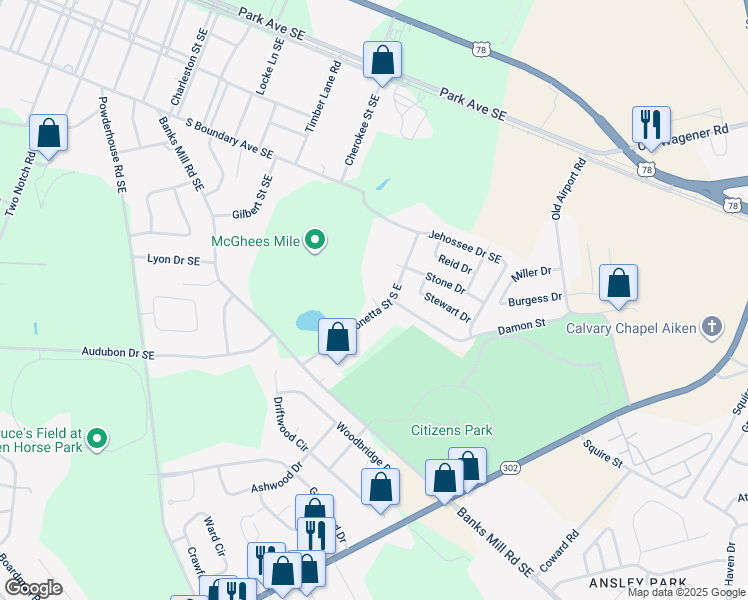 map of restaurants, bars, coffee shops, grocery stores, and more near 448 Monetta Street South East in Aiken