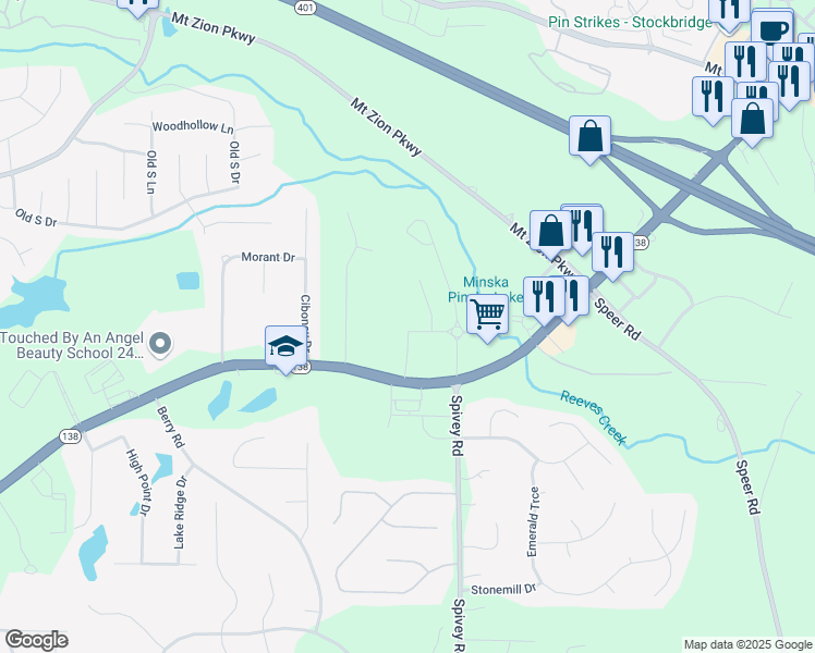 map of restaurants, bars, coffee shops, grocery stores, and more near 1028 State Highway 138 in Stockbridge