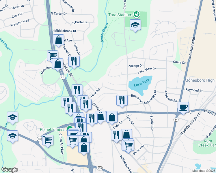 map of restaurants, bars, coffee shops, grocery stores, and more near 916 Hunt Road in Jonesboro