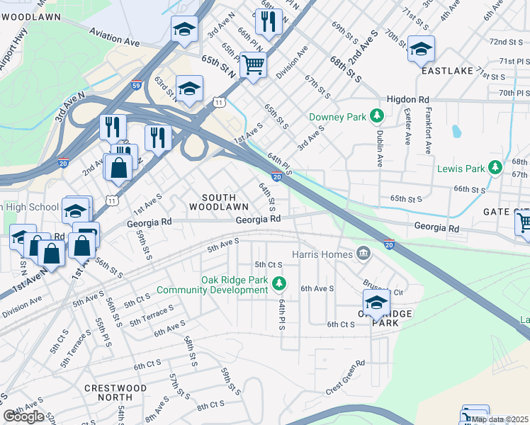 map of restaurants, bars, coffee shops, grocery stores, and more near 6231 Georgia Road in Birmingham