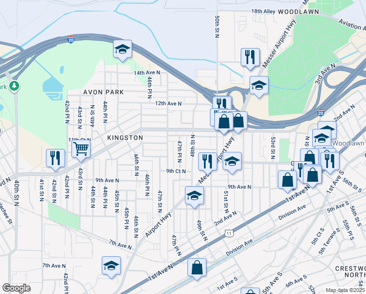 map of restaurants, bars, coffee shops, grocery stores, and more near 947 47th Place North in Birmingham