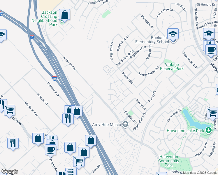 map of restaurants, bars, coffee shops, grocery stores, and more near 26325 Arboretum Way in Murrieta