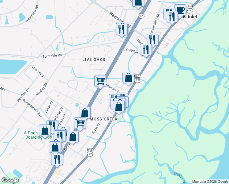map of restaurants, bars, coffee shops, grocery stores, and more near 666 Belair Avenue in Murrells Inlet