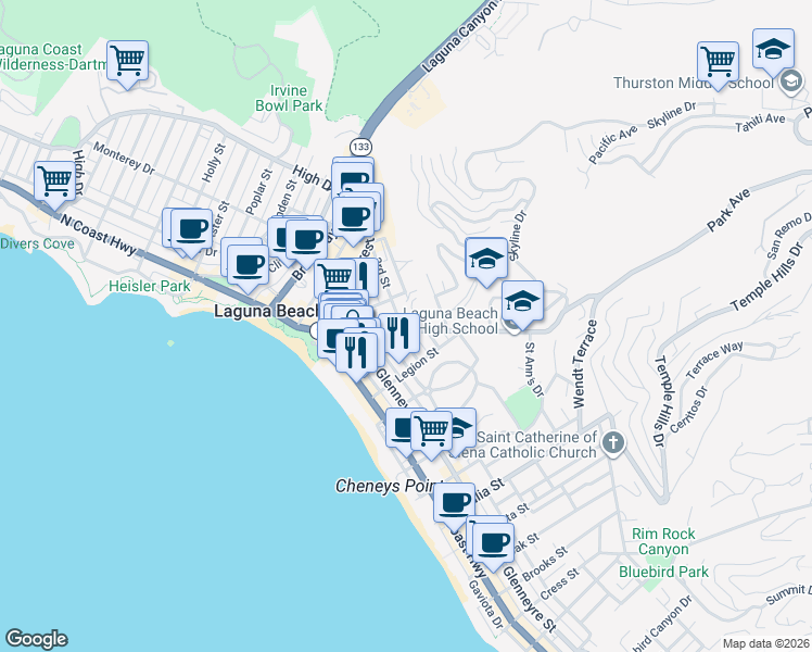 map of restaurants, bars, coffee shops, grocery stores, and more near 490 3rd Street in Laguna Beach