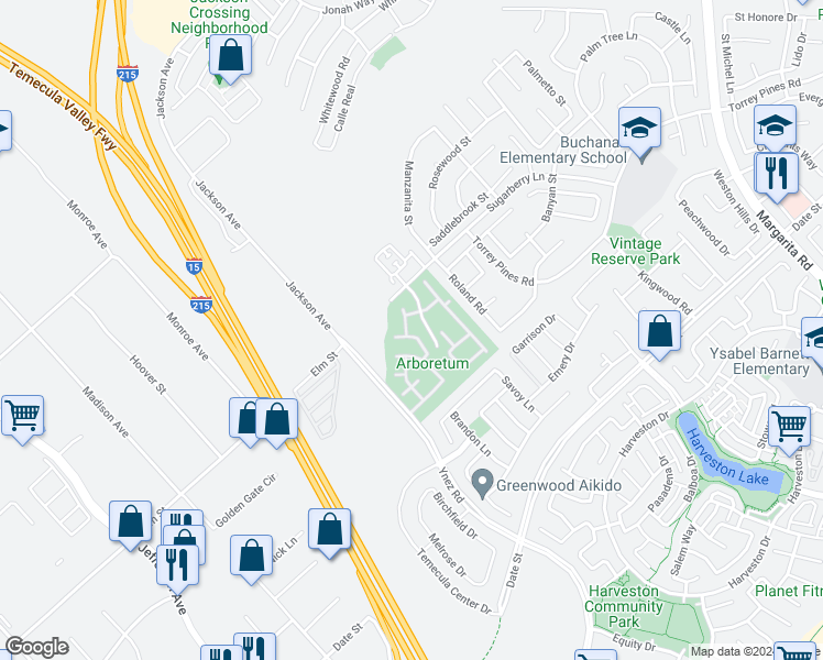 map of restaurants, bars, coffee shops, grocery stores, and more near 26343 Arboretum Way in Murrieta