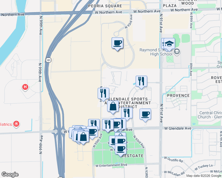 map of restaurants, bars, coffee shops, grocery stores, and more near 9450 West Cabela Drive in Glendale