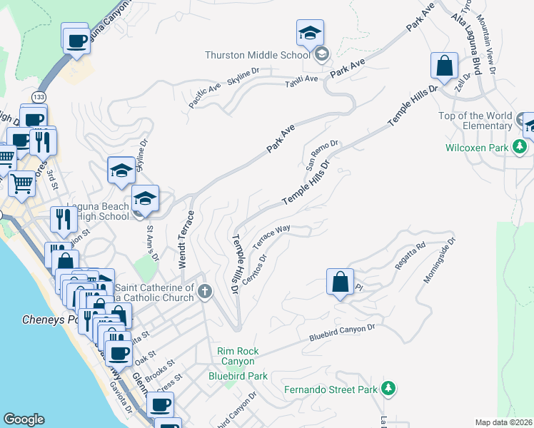 map of restaurants, bars, coffee shops, grocery stores, and more near 1737 Temple Hills Drive in Laguna Beach