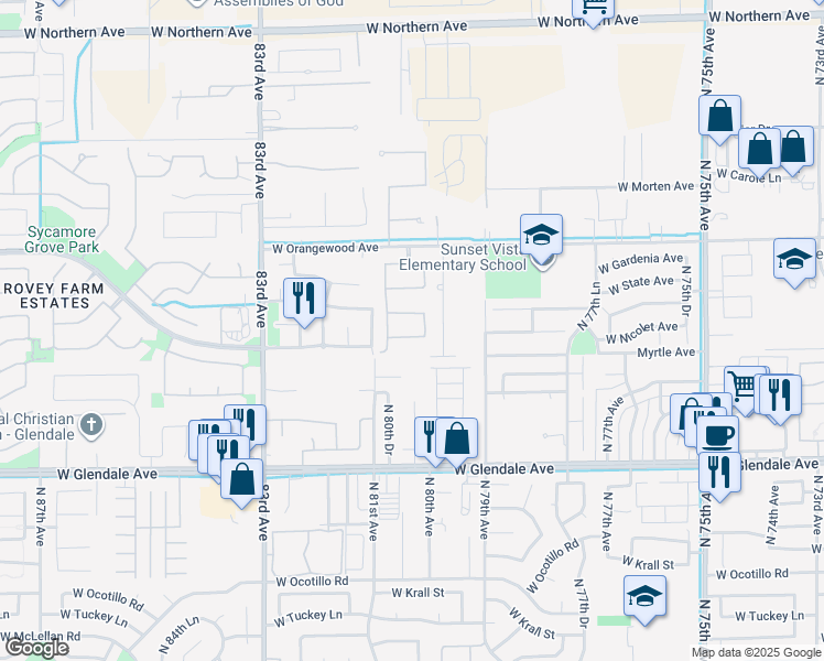 map of restaurants, bars, coffee shops, grocery stores, and more near 7326 North 79th Lane in Glendale